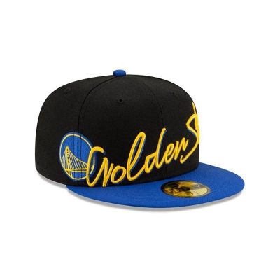 Black Golden State Warriors Hat - New Era NBA Cursive 59FIFTY Fitted Caps USA5463072